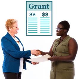 Two people agreeing about a document. Above is a grant icon. 