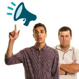A person with their hand raised to speak, standing in front of someone who looks upset. Above is a megaphone. 