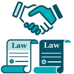 An agreement icon above 2 law icons. 