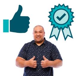 A person giving two thumbs up. Above is a thumbs up icon and an approval sticker. 