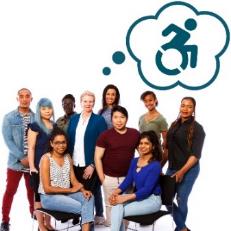 A photo of a group of people with a shared thought bubble. Inside the bubble is a disability icon. 