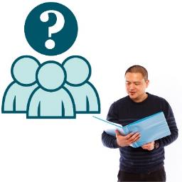 A person reading a document. Above is an icon of a group of people with a question mark above them. 