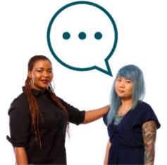 A person with their hand on someone's shoulder. The other person has a speech bubble. 