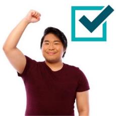 A person smiling with their fist raised. Above is a ticked box. 