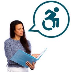 A person reading a document. They have a speech bubble with a disability icon in it. 